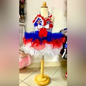 Size 5 Red White Blue Patriotic Beaded Cupcake Pageant Dress & Matching Bow NWT
